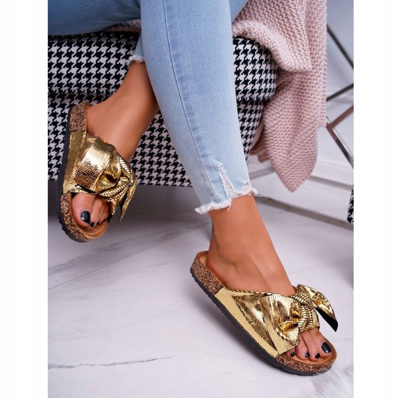 Pantofole da donna con fiocco Metallics dorati d'oro 2