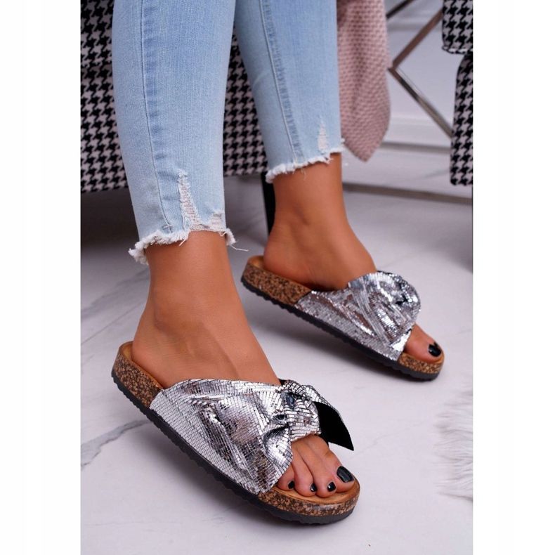 PS1 Pantofole da donna con fiocco metallizzato argento grigio 2