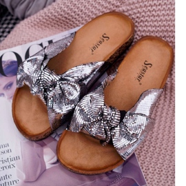 PS1 Pantofole da donna con fiocco metallizzato argento grigio 1