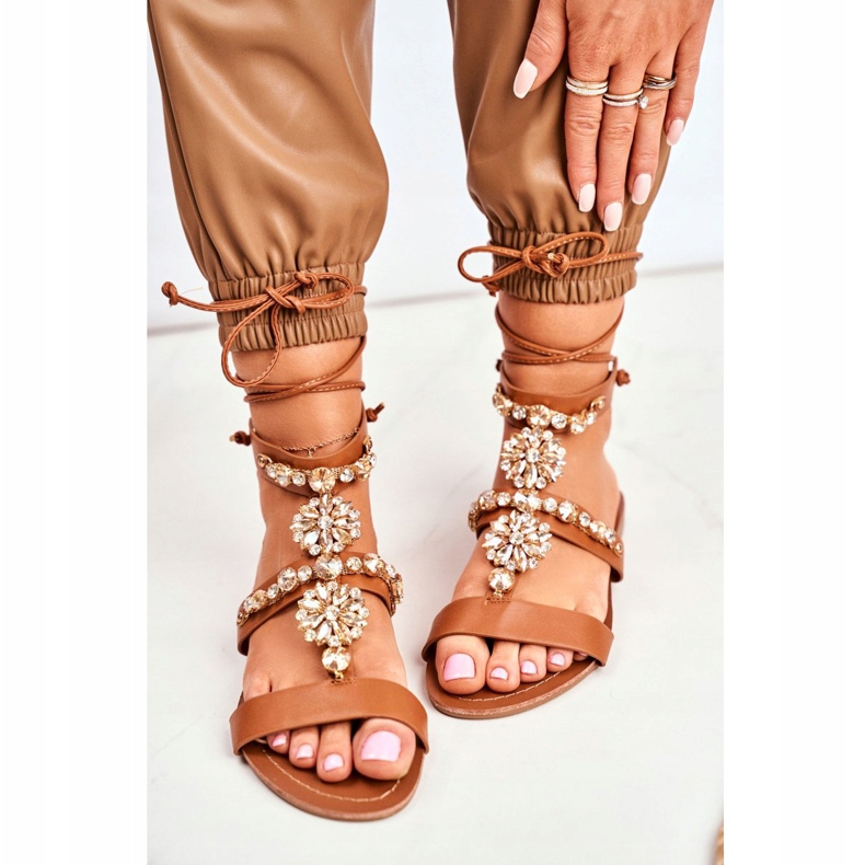 Sandali gladiatore da donna con cristalli Hype color cammello marrone 2