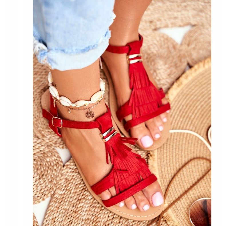 FJ1 Sandali Bassi Donna Scamosciato Boho Rosso Lucami 1