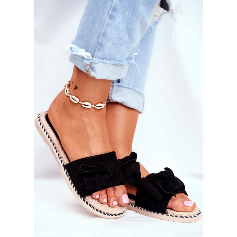 FRJ Pantofole da donna nere Happiness con fiocco nero 1