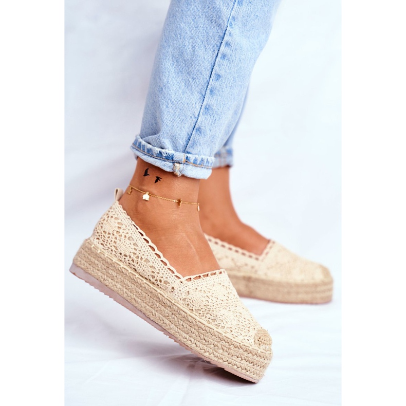 FRJ Espadrillas di pizzo da donna su una piattaforma folk beige 2