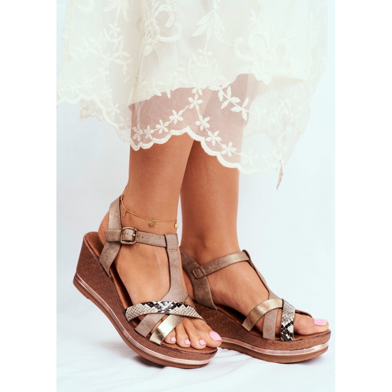 EVE Sandali da donna con zeppa in pelle di serpente beige Iscriviti 2