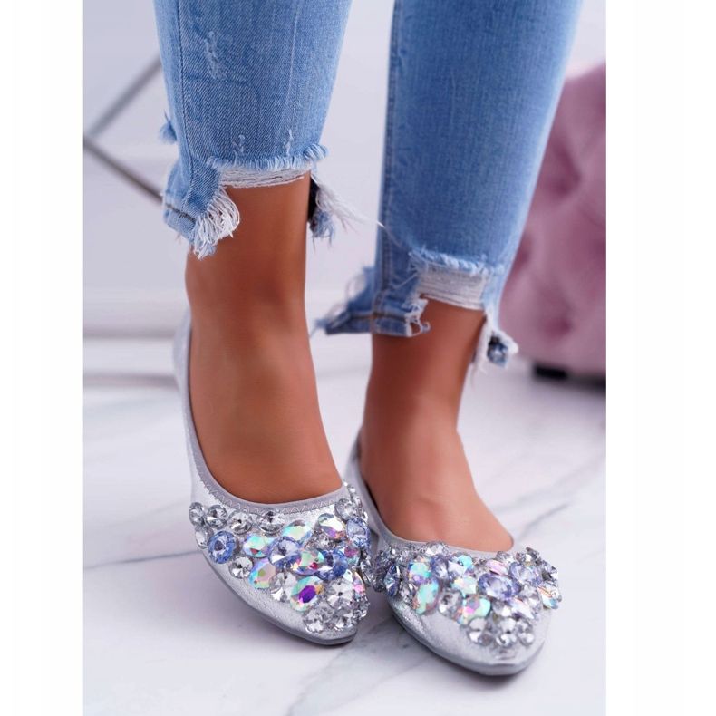 PS1 Ballerine da donna con pietre di cristallo argento grigio 2