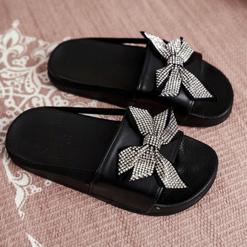 FRROCK Pantofole da bambina per bambina con strass neri, fiocco di Jomoga nero 1