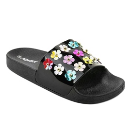 Pantofole nere con fiori D7659-1 nero 1