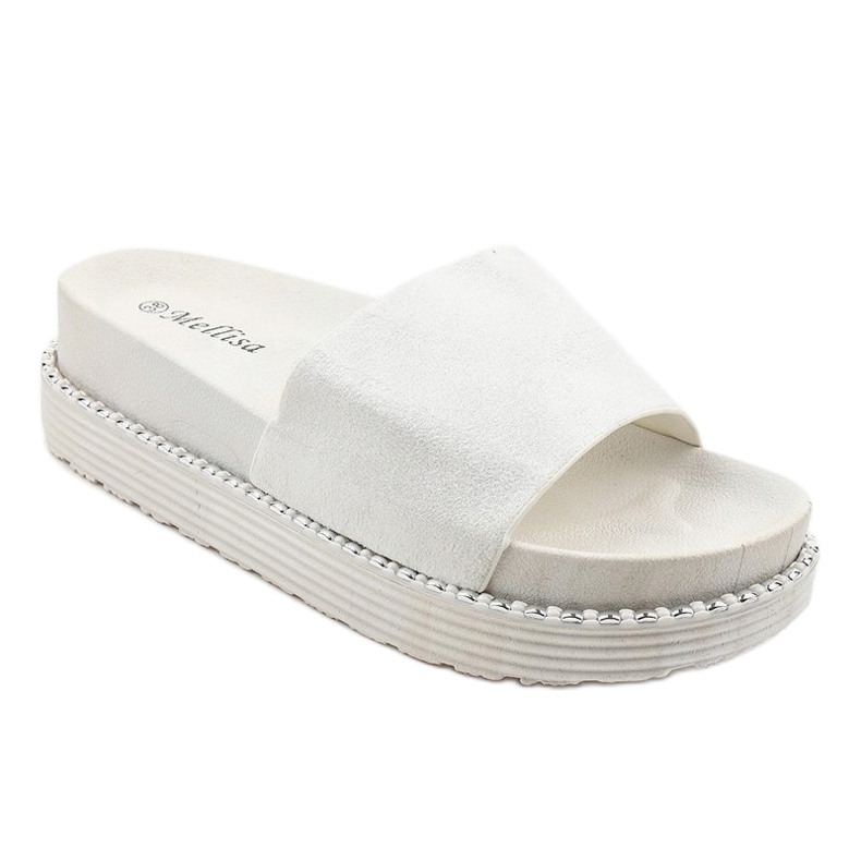 Pantofole bianche su suola spessa, camoscio broccato TL3808 bianco 1