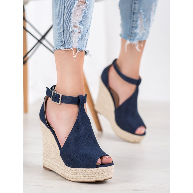 SHELOVET Sandali con zeppa traforati blu 1