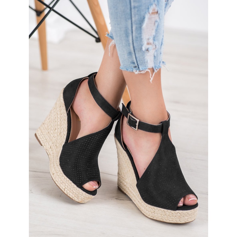 SHELOVET Sandali con zeppa traforati nero 2