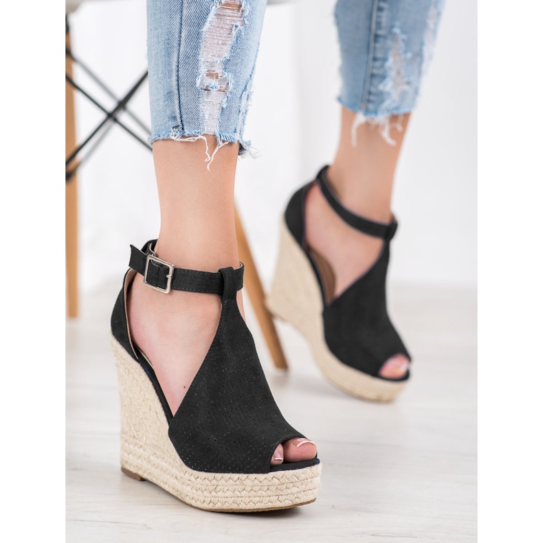 SHELOVET Sandali con zeppa traforati nero 1