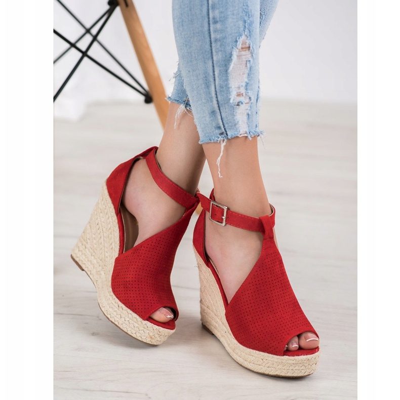 SHELOVET Sandali con zeppa traforati rosso 1