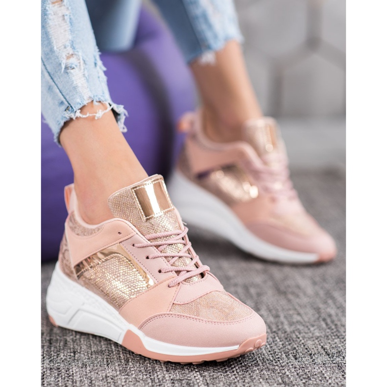 SHELOVET Scarpe da ginnastica con zeppa rosa giallo 1