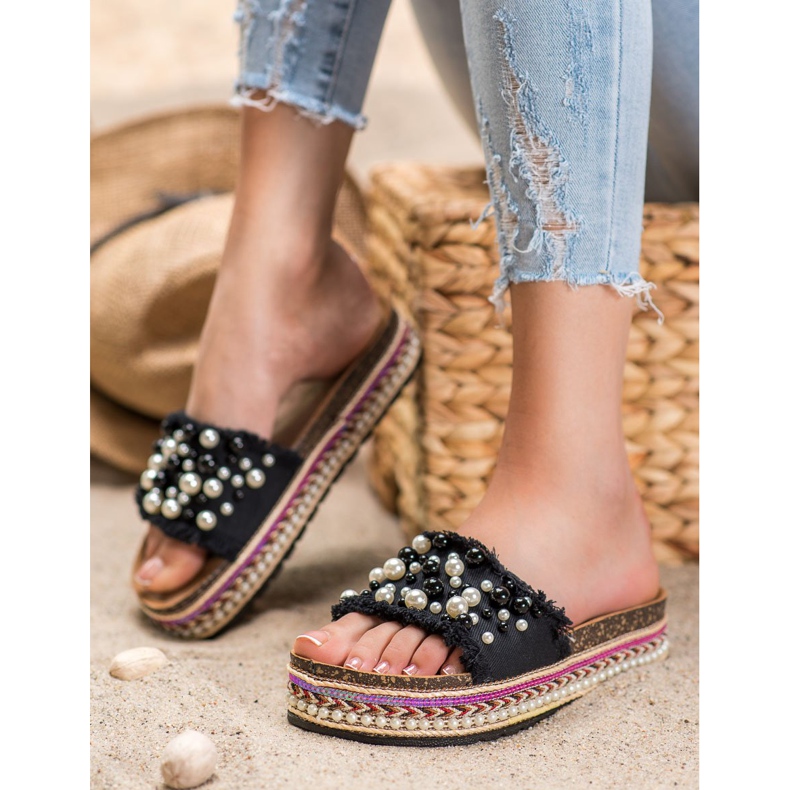 Small Swan Pantofole Sulla Piattaforma Con Perle nero 2