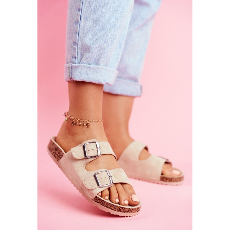 Infradito da donna in sughero con fibbie beige 1