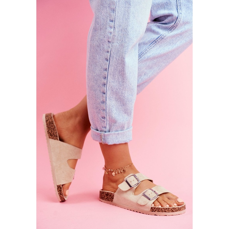 Infradito da donna in sughero con fibbie beige 2