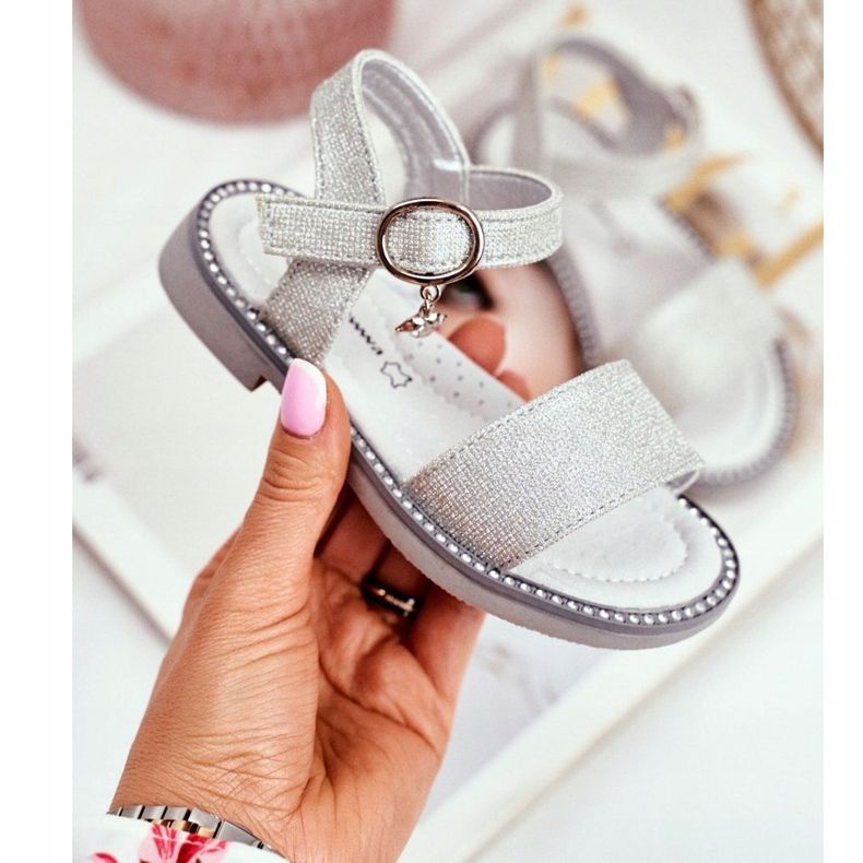Apawwa Sandali Bambini con Velcro Broccato Argento Verden grigio 1