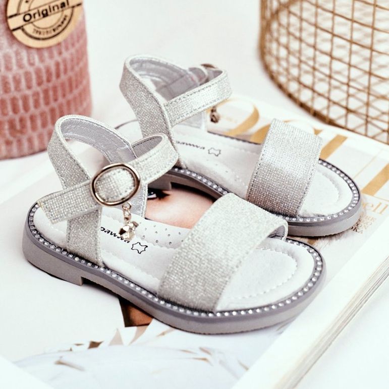 Apawwa Sandali Bambini con Velcro Broccato Argento Verden grigio 2
