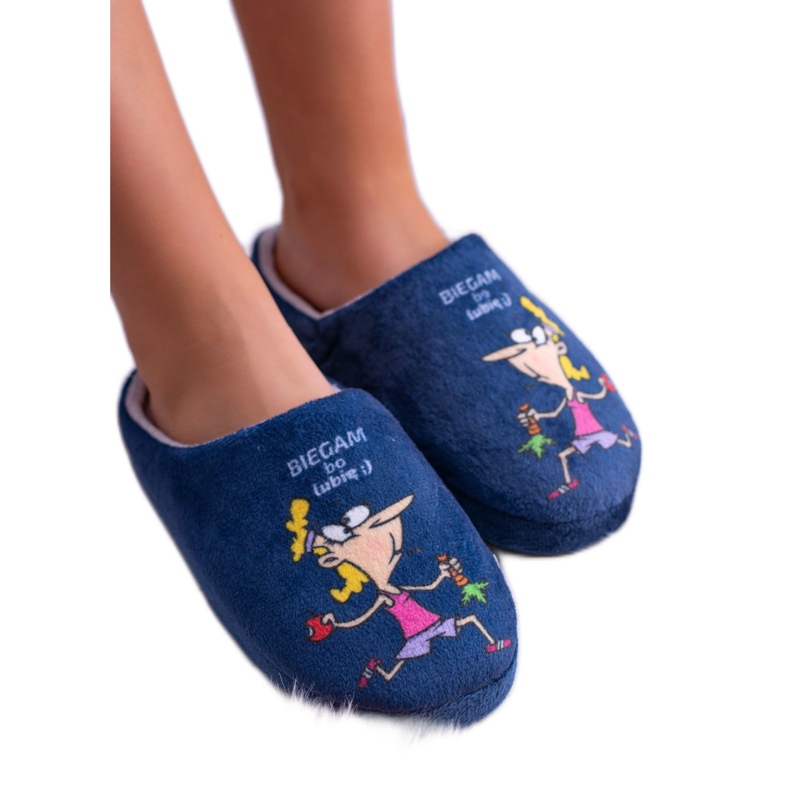 Pantofole blu navy da donna Dreex Plush I Run because I Like Mi piace grigio 2