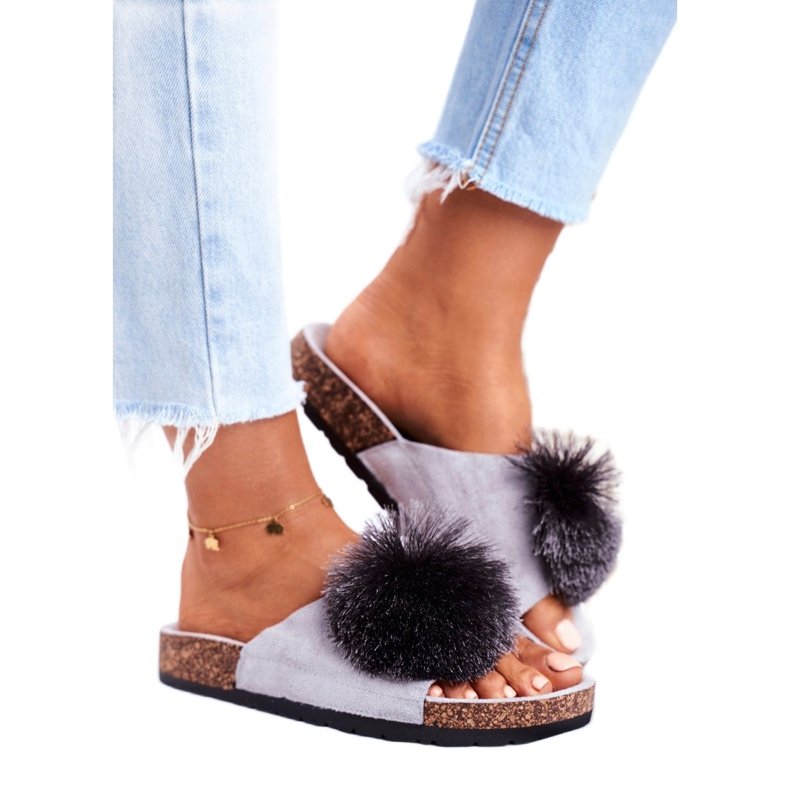 MSMG Pantofole da donna grigie su sughero con pompon Galaxo grigio 2