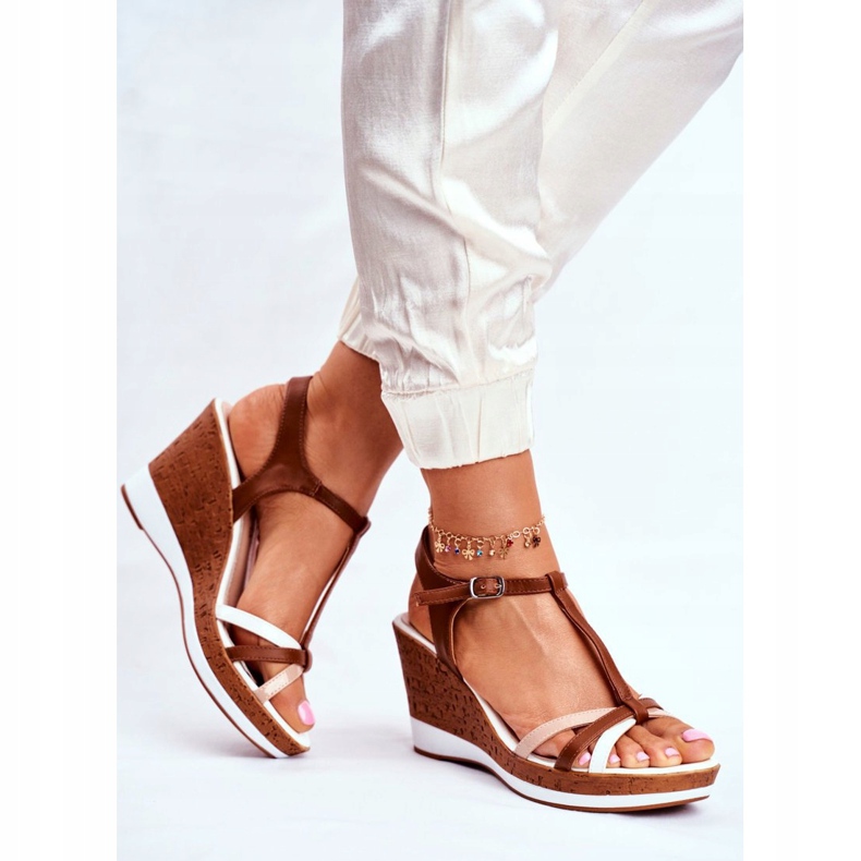 Sandali da donna con zeppa Sergio Leone Marrone SK308 bianco 2