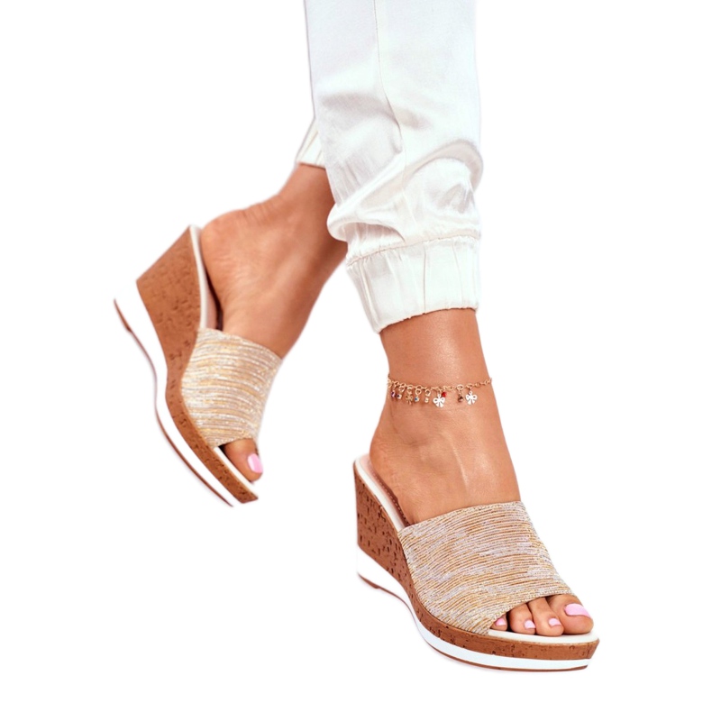 Ciabatte Da Donna Con Zeppa Sergio Leone Beige SK320 d'oro 4