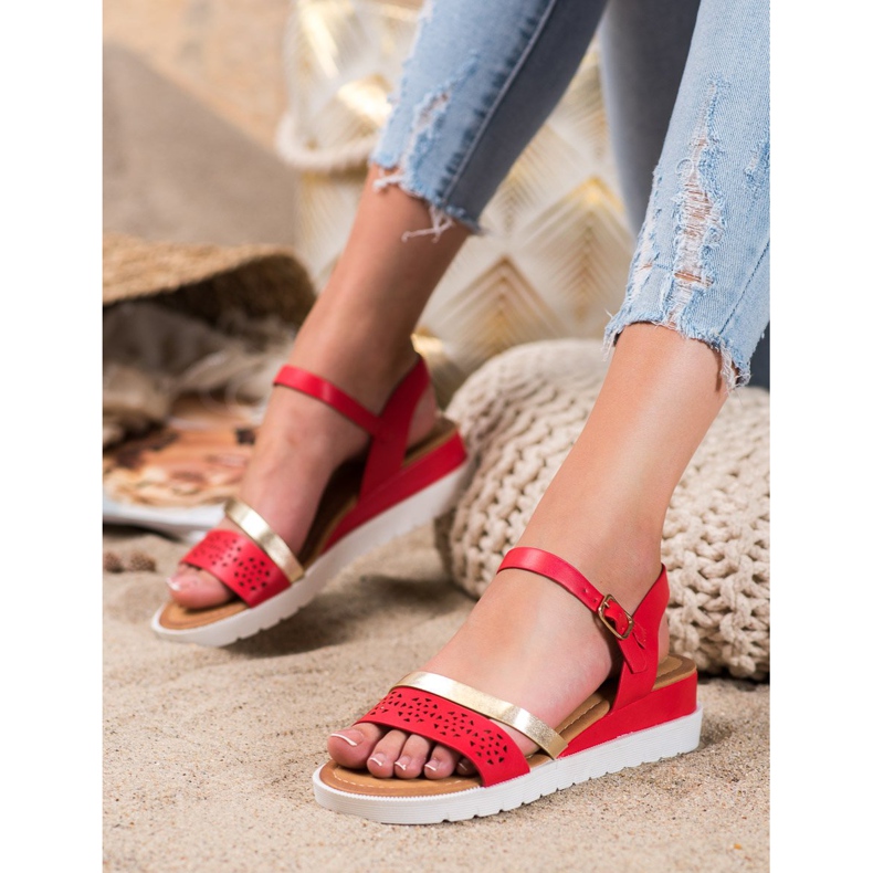 Renda Sandali Con Zeppa Con Ecopelle rosso 1