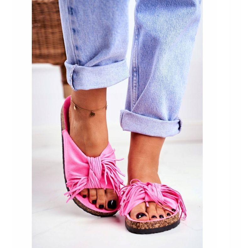 BUGO Infradito da donna rosa fluo su frange di sughero Marina 2
