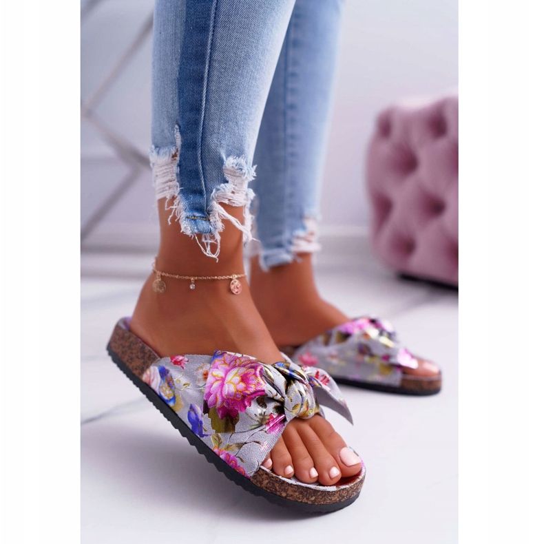 PS1 Pantofole grigie da donna su fiori di sughero Wendy's Bow rosa grigio 2