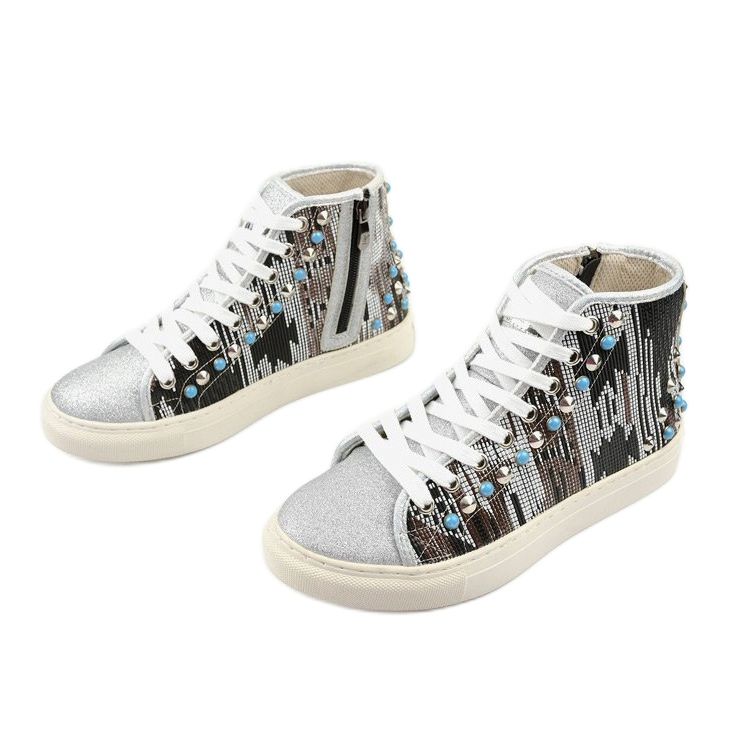 Sneakers alte argento riccamente decorate D17-27027 d'argento grigio multicolore 2