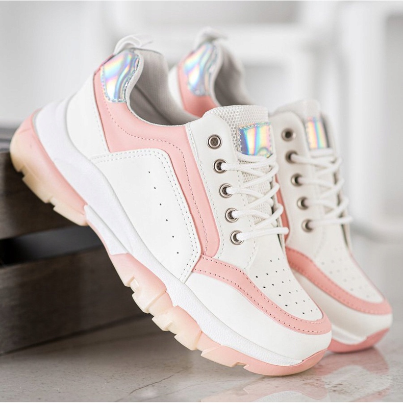 SHELOVET Sneakers in ecopelle bianca rosa 2