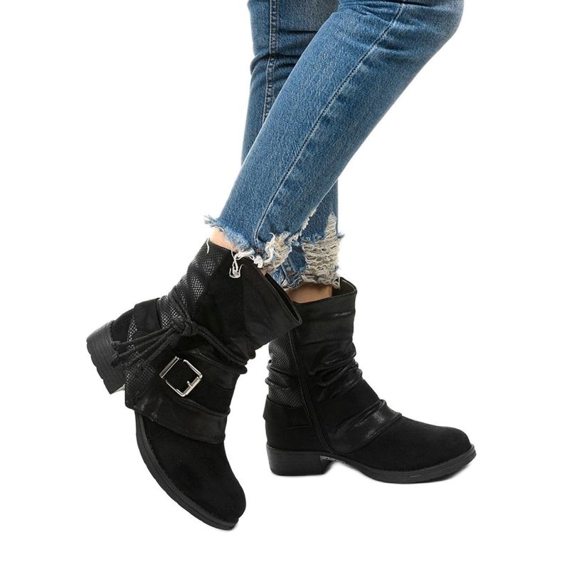 Stivaletti neri con fibbia e tomaia in Coord decorativo nero 1