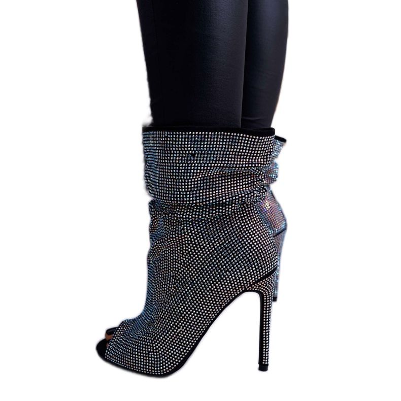 Stivali da donna con tacco alto Lu Boo Strass Bande nere nero argento 1
