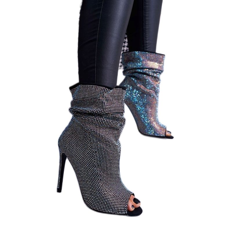 Stivali da donna con tacco alto Lu Boo Strass Bande nere nero argento 2