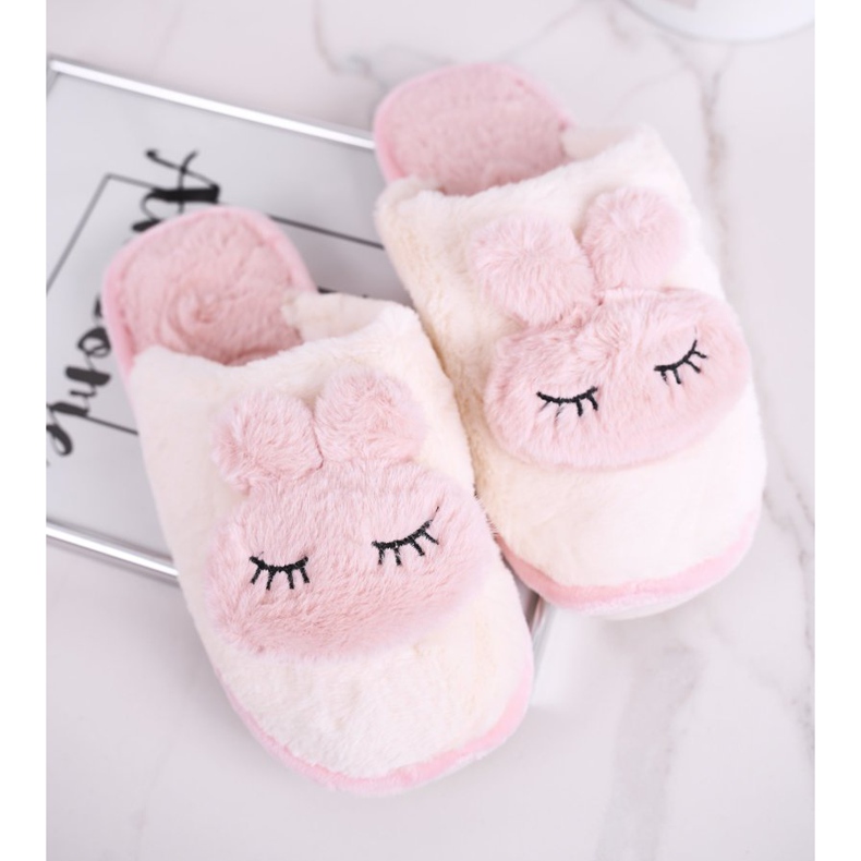 Pantofole da donna in pelliccia, pelliccia coniglio bianco e rosa 2