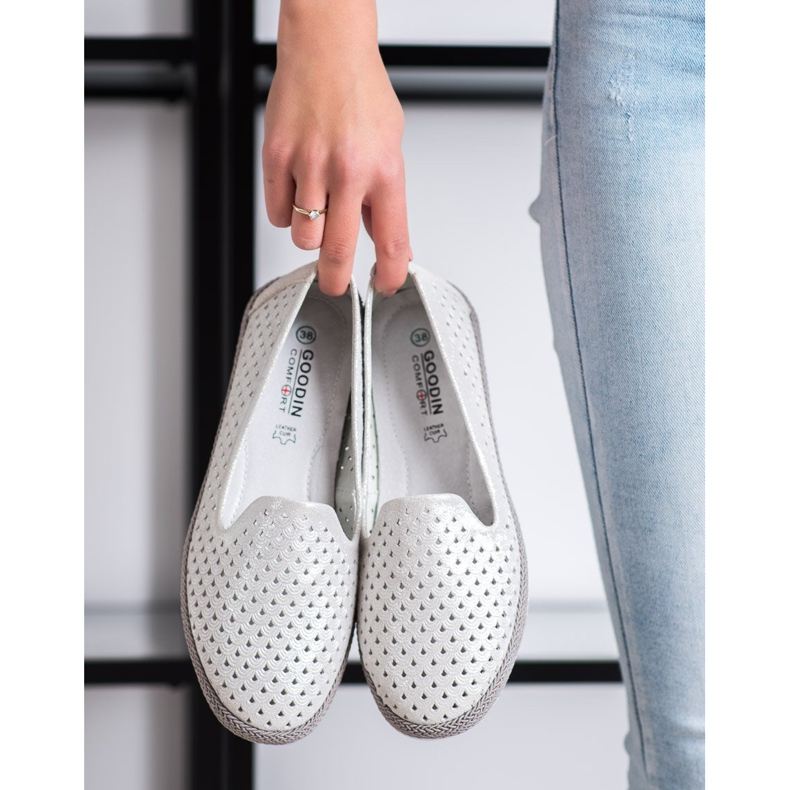 Goodin Signori traforati in pelle bianco argento 1
