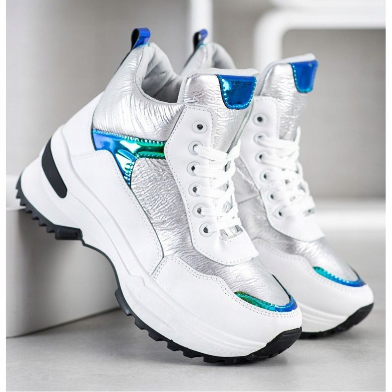 Ideal Shoes Sneakers alte realizzate in ecopelle bianca d'argento 1