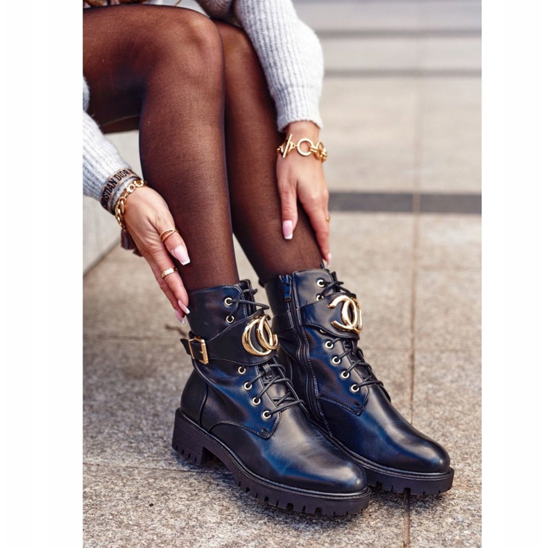 PS1 Stivali Donna Allacciati Workers Nero Oro 2