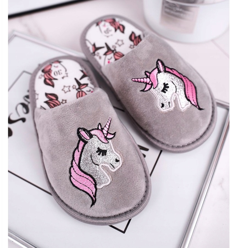 Pantofole da bambino unicorno grigie con unicorno grigio 1