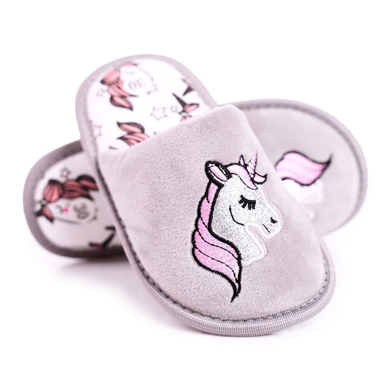 Pantofole da bambino unicorno grigie con unicorno rosa argento grigio 4