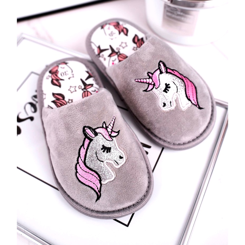 Pantofole da bambino unicorno grigie con unicorno rosa argento grigio 1