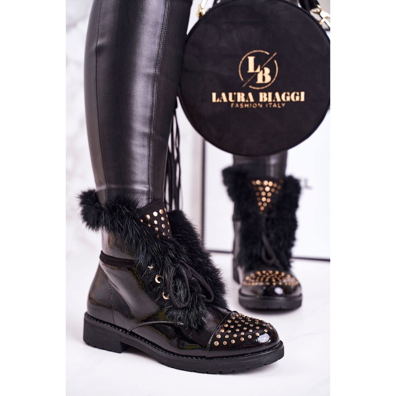 SEA Stivali Caldi Da Donna Con Strass E Pelliccia, Laccati Glam nero 1