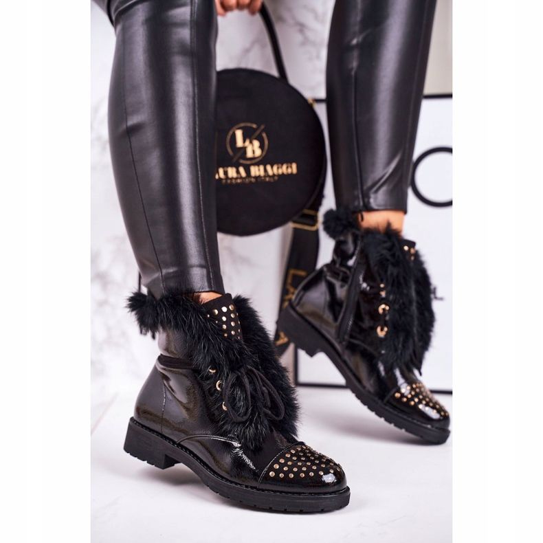 SEA Stivali Caldi Da Donna Con Strass E Pelliccia, Laccati Glam nero 2