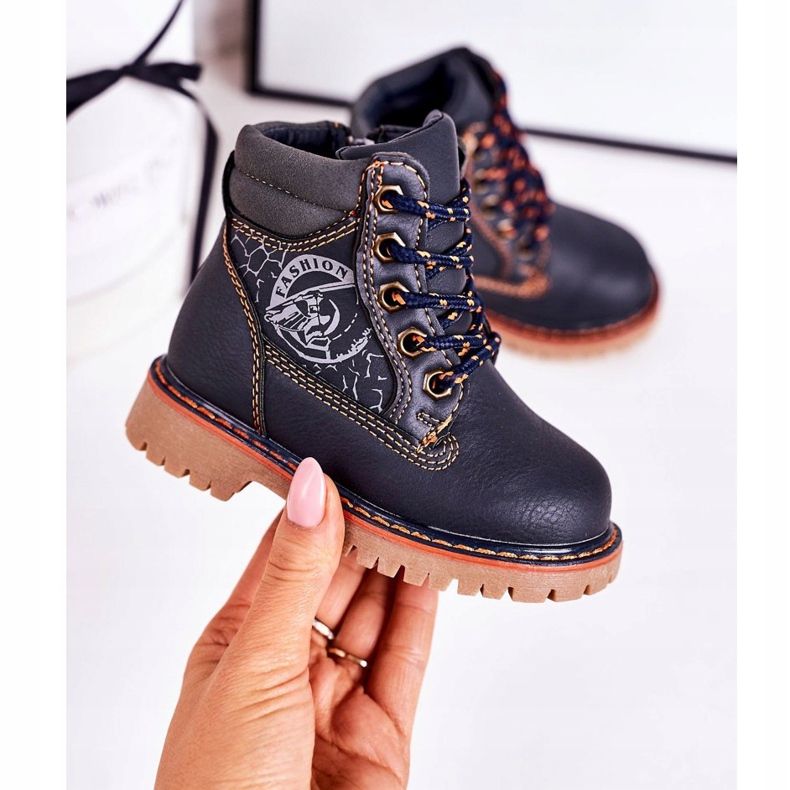 PL1 Stivali caldi per bambini Trappers su una suola in gomma Navy Blue Bobby blu navy arancia 2