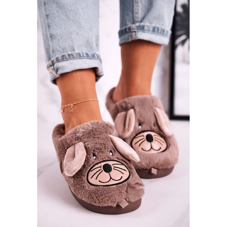JOMIX Pantofole da donna in pelliccia beige per topi Home Sweet Home marrone 1