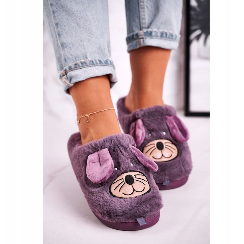 JOMIX Pantofole da donna in pelliccia di topo viola Home Sweet Home 1