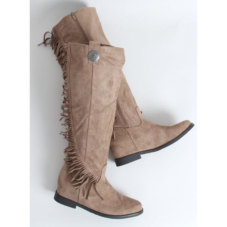 Stivali con frange zeppa nascosta beige ST-28P Khaki 1