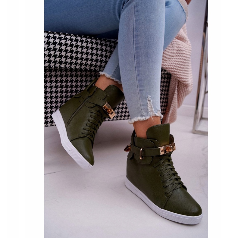 Sneakers Da Donna Con Zeppa Oro Lucchetto Oliva Tersey verde 2