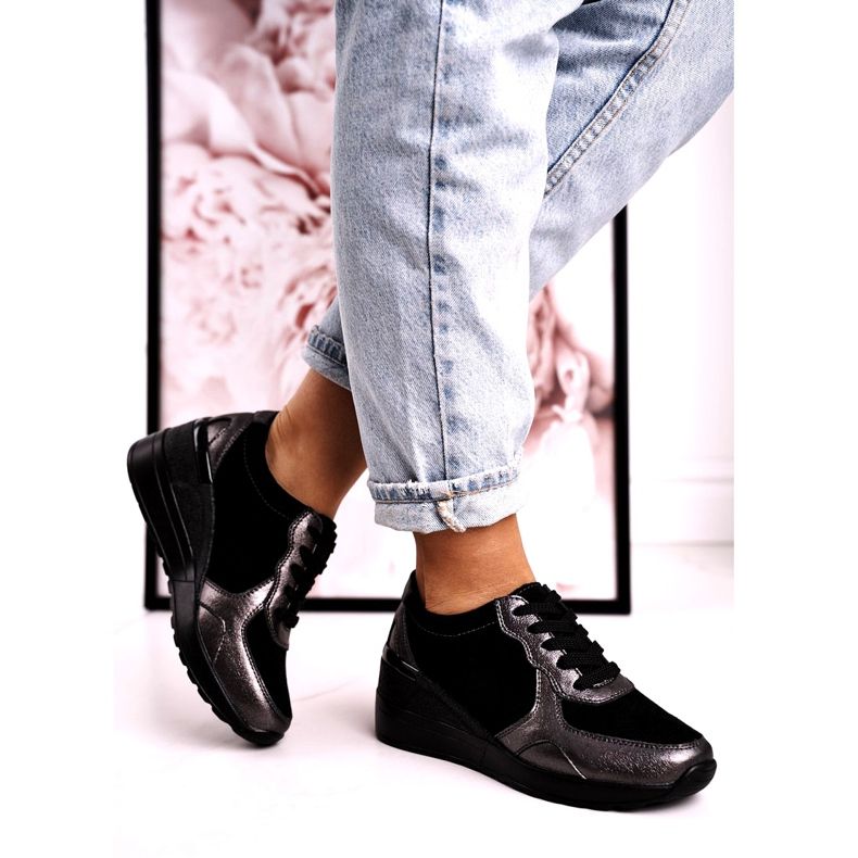 S.Barski Sneakers con zeppa in pelle da donna nere Roxette nero multicolore d'argento 2