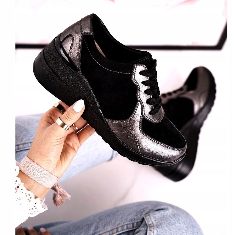 S.Barski Sneakers con zeppa in pelle da donna nere Roxette nero multicolore argento 4